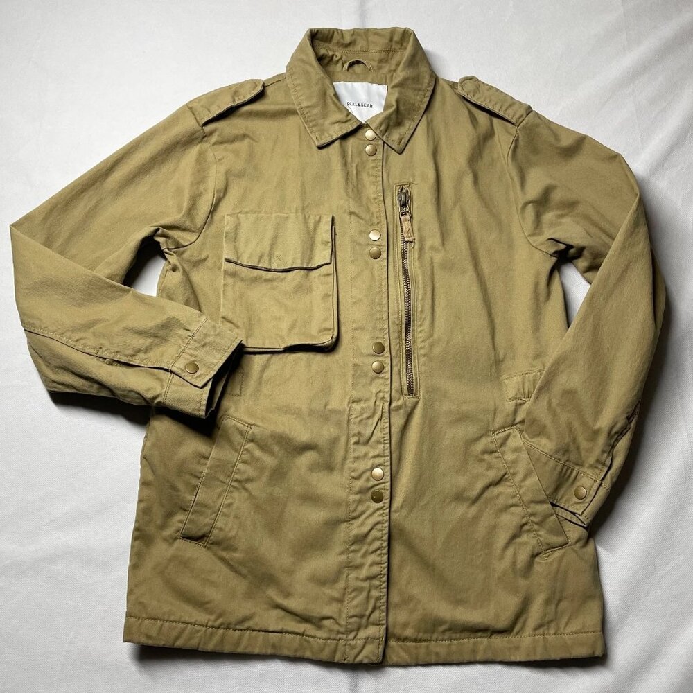 Y2K Pull&Bear Womens Khaki Back Patch Sequins Detail Military Style Jacket Sz M